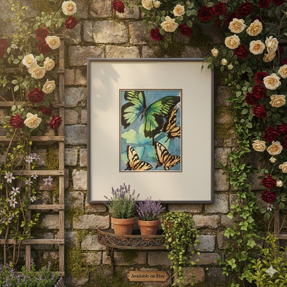Framed Butterfly Watercolor Art Print Green Orange Nature Wall Decor